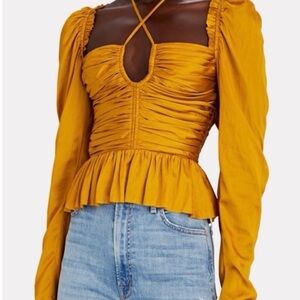 NWOT Ulla Johnson Mirelle Plissé Satin Peplum Blouse Mustard Yellow Size 2 XS